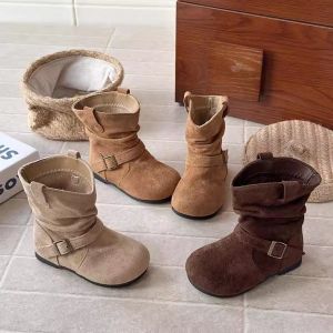 Autumn New Style Childrens Korean Version Martin Boots Pleated Flap Buckle Girls Boots Leather Patchwork Anti-slip Rubber Sole