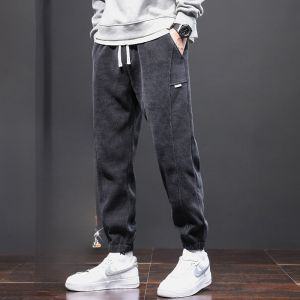 ROMON | Loomom Mens Corduroy Pants Fleece Lined Loose Fit Sporty Winter Casual Long Trousers Youthful Style Elastic Waist Cargo