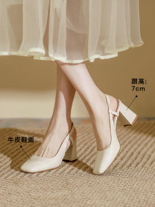 รองเท้าแตะส้นสูงหัวเหลี่ยมแบบสวมหัวสำหรับผู้หญิง ฤดูใบไม้ผลิ 2025 รองเท้าแตะส้นหนาแบบสวมหัวสไตล์ฝรั่งเศส รองเท้าแตะส้นกลางสำหรับงานวันเกิด