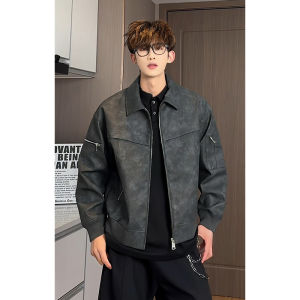 Mens Autumn Spring Baseball Jacket Dyed Leather Motorcycle Coat Waterproof Zipper Decorated Functional Style Fashion Outerwear