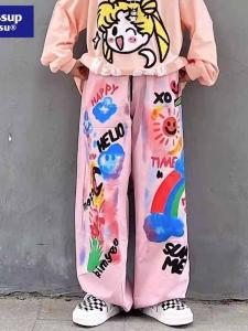 Loose Colorful Graffiti Casual Pants for Men High Waist Spring Autumn Polyester Fiber Durable Comfortable Teenager Fashion