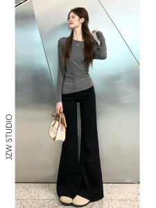 Low Waist Flared Jeans Womens Autumn Winter New Style Elastic Loose Slimming Floor Length Horse Hoof Pants Black Non-Matching