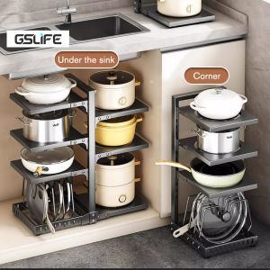 GSlife 2/3/4 Layer Adjustable Under Sink Organizer Rack | Pot & Pan Storage for Countertop or Cabinet