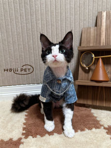 Original HOiii PET Denim Shirt Soft Cotton Cat Clothes Cool Chain Design for Cats No Hair Softness Trendy Cat Apparel