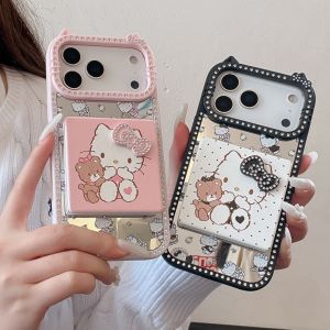 Sanrio | Luxury Glitter Diamond Sanrio Bow Hello Kitty Flip Makeup Mirror Phone Case For iphone 17 16 15 14 13 Pro Max Shockproof Cover