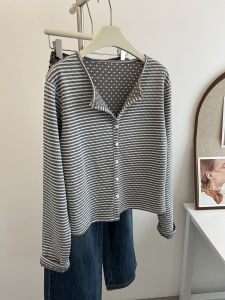 Ningpo Home Korean Style round Neck Button up Grey Striped Short Thin Casual Womens Open Cardigan Loose Versatile Autumn Outerwear