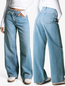 2025 New Retro Light Blue Wide-Leg Jeans Womens Low-Rise Loose Fit Jeans Street Style Y2K Aesthetic Casual Jeans