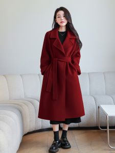 เสื้อโค้ทขนสัตว์สีแดงสองด้านสำหรับผู้หญิง ฤดูใบไม้ร่วง/ฤดูหนาว 2025 ใหม่ ความรู้สึกระดับไฮเอนด์ เสื้อโค้ทขนสัตว์ขนาดเล็ก ผ้าขนสัตว์