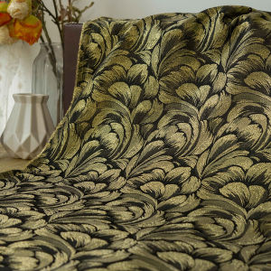 Vintage Black Gold Feather Jacquard Fabric for Fashion Dress Curtains and Decorations Heavy Duty Material
