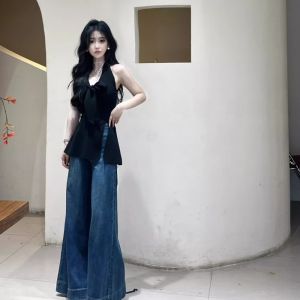 French Elegant Black Sleeveless V-Neck Knitted Top Women Summer Personality Shoulder Exposure Slit Versatile Waist-Cinching Mini Shirt