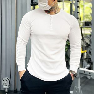 Áo Thun Henley Tập Thể Dục Cơ Bắp Nam Dài Tay Cotton Vải Bông Đồ Thể Thao Hút Ẩm Thoáng Khí Thoải Mái Phong Cách Cổ Điển Áo Tập Luyện