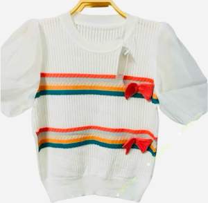 Áo Kiểu Nữ Cổ Trong Tay Bồng Phối Voan Hoạ Tiết Sọc Đôi Thời Trang Đính Nơ Nổi