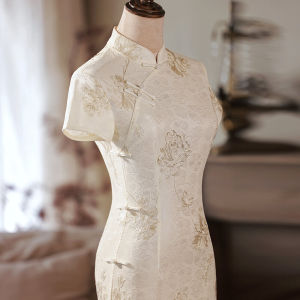 Elegant Long Qipao Young Girls Lace Dress Retro Improved Version Spring Season High Quality Polyester Fiber Short Sleeve