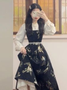 ชุดเดรสยาวผู้หญิงสไตล์จีนย้อนยุค ดีไซน์เก๋ไก๋ เสื้อผ้าทำงานฤดูใบไม้ร่วง แขนยาว เอวเข้ารูป กระโปรงทรงเอ แฟชั่นสตรี