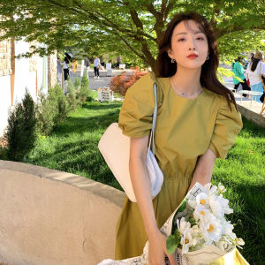 Sweet Waist-Cinching Bubble-Sleeve Dress Womens Summer High-Waisted A-Line Midi Dress Korean Style Short Sleeve round Neck