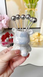 6pcs Stainless Steel Dessert Forks With Storage Jar Bear Fruit Fork Set Cute Bear Tableware For Party Tasting Dessert Pickle Sal