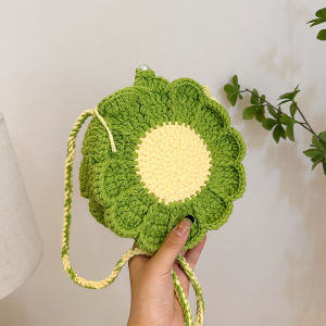 Summer New Flower Woven Mobile Phone Bag Womens Crossbody Small round Bag Single Shoulder Bag Sweet Style Soft Handle