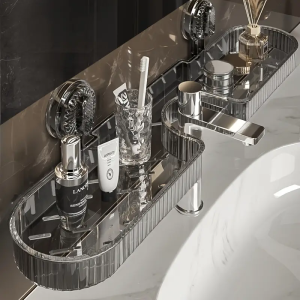 Bathroom Organizers: Suction Cups, Wall Mount Faucet Shelf, and Transparent Reusable Storage