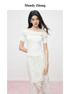 White 3D Rose One-Shoulder Knit T-Shirt