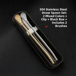 Stainless Steel 304 Coffee Stirring Spoon Straw Integrated Two-Purpose Milk Tea Juice Filtering Drinking Straw Spoon