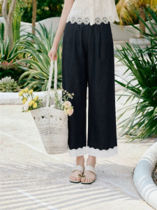 XIANGYING | Black Flared Lace High Waist Loose Straight Trousers