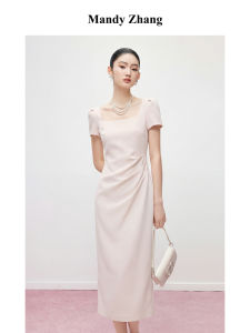 Elegant Chiffon Puff Sleeves Pink Summer Long Dress Waist Slimming