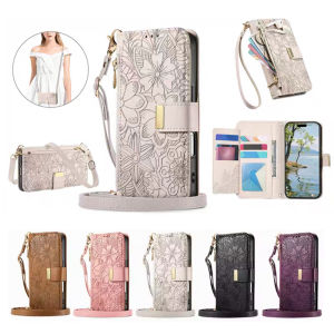 Crossbody Card Wallet Case For Samsung Galaxy S25 FE S24 Ultra Plus S25Edge Full Cover Flip Leather Bumper Case With Wrist Strap