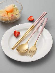 Set Sendok Garpu Sumpit Korean Style 3 in 1 / Mudah Dibawa / Stainless Steel Alat Makan