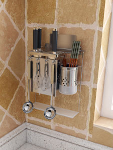 Stainless Steel 304 Kitchen Knife Holder Wall Mounted Utensil Cutlery Storage Rack Integrated Spoon And Chopstick Tray Organizer