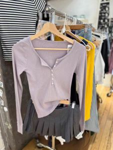 American Style Long Sleeve T-Shirt Womens Spring Autumn Base Shirt Pure Color Six Buttons V-neck Cotton Casual Top