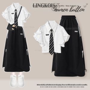 NUMEN BUTTON | Large Size Summer Stylish Suit Slenderizing College Style Shirt Matching High-Waist Skirt Two-Piece