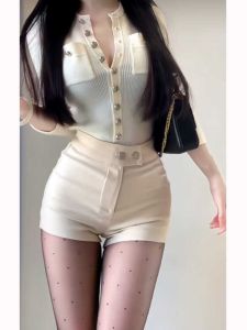 High Waist Button Detail Elastic Womens Shorts Sweet And Spicy Style Casual Pants Slimming Base Layer Hot Shorts