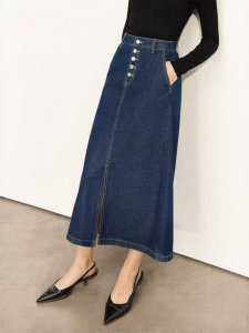 AMII | Retro Spring New Arrival Buckle Slit A-line Denim Skirt