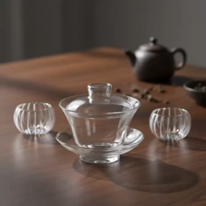 Bộ Pha Trà Kungfu Gaiwan Thủy Tinh Chịu Nhiệt 200ml + 2 Chén Hai Lớp Sọc 50ml Cao Cấp