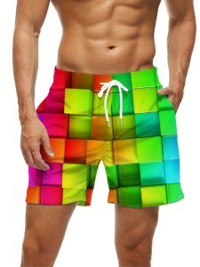 Hot Toys | 2026 Hot Selling Fashion Cool Color Cube Pattern Full Body Printing Plus Size Mens Casual Outdoor Beach Shorts Plus Size