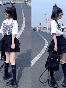 Summer New Butterfly round Neck Short Sleeve T-Shirt High Waist Cake Skirt Two-Piece Set for Girls Casual Comfortable Clothing