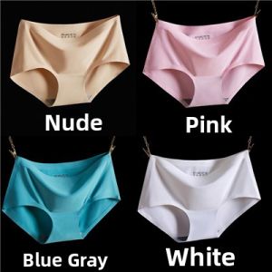 Seamless Ice Silk Cotton Crotch Triangle Panties Womens One-Piece Mid-Waist Breathable Pure Color Briefs Underwear