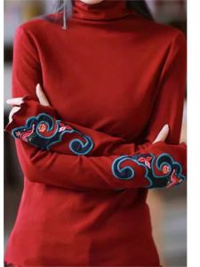 Elegant Embroidered Double-sided Cashmere Womens Base Shirt Half-high Collar Tunic Top for Spring Autumn Seasonal Wear