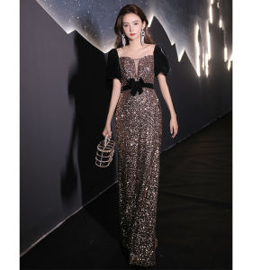Elegant Evening Gown Womens New 2025 Party Host Fish Tail Skirt Sparkling Sequins High-End Feelings Short Sleeve Long Dress