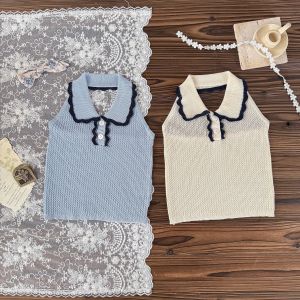 2Cutemily Summer Girls Knitted Top Silk Tight Backless Turn-down Collar Baby Clothes Cotton Material Versatile Seasonal Wear