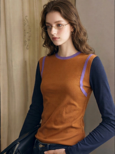 Slim Fit Retro Color Block Round Neck Long Sleeve T-Shirt with Contrast Shoulder Stripe