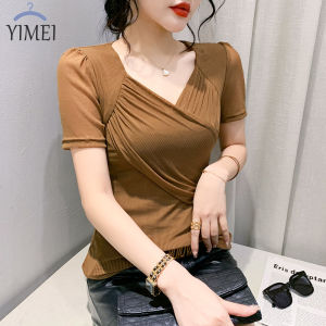 YIMEI แฟชั่นตาข่ายช่องผ่านผู้หญิงด้านบน2023ฤดูร้อนดีไซน์ใหม่ Sense เข้ารูปพอดีเซ็กซี่ V-Neck Top เสื้อยืดสีกากี