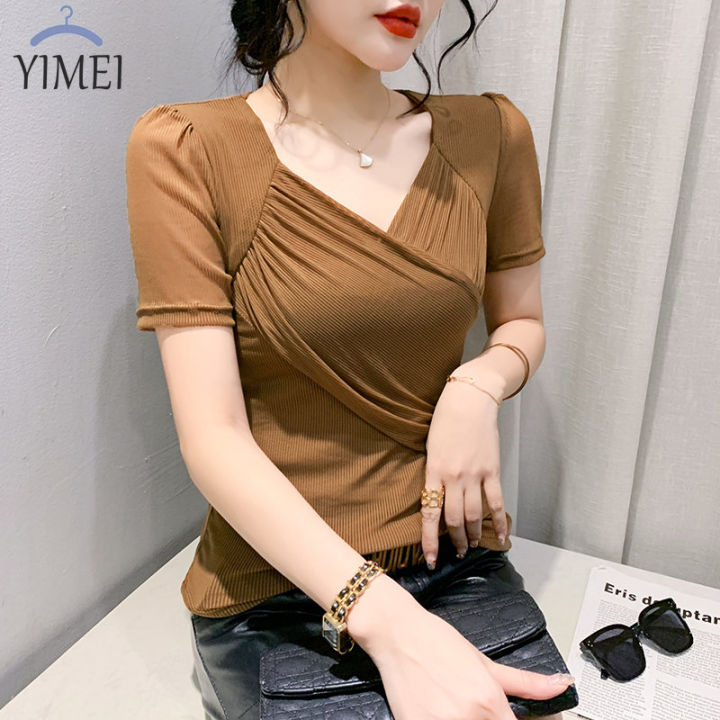 YIMEI Fashion short-sleeved mesh top Women's 2023 summer new design sense Slim fit sexy V-neck top Khaki T-shirt