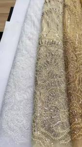 Luxury Pink African Tulle Lace Fabric Heavy Beaded Sequins Embroidery Nigerian Net Lace for Wedding Party Dress Sewing 5Yards