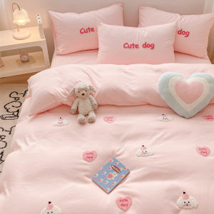 Cream Style Towel Embroidery Pure Color Washed Cotton Four-Piece Set Pink Girlish Heart Duvet Cover Cover Bedspread Single Dormitory Three Pieces