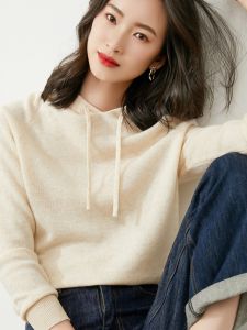 Casual Style Womens Cashmere Hoodie Thin Loose Fit Overhead Knitted Sweater Anti-Season Clearance Sale Youthful Fashion