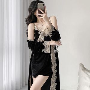 ชุดนอนผ้ากำมะหยี่เซ็กซี่สำหรับผู้หญิง ชุดนอนแขนยาว ชุดนอนสองชิ้น ชุดนอนฤดูใบไม้ร่วงและฤดูหนาว ชุดนอนสำหรับใส่ในบ้าน