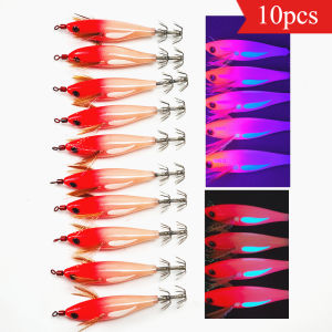 10pcs/set Horizontal Squid Jig Egi Set Luminous UV Glow Shrimp Fishing Lure Cuttlefish Octopus Saltwater Artificial Bait Hook