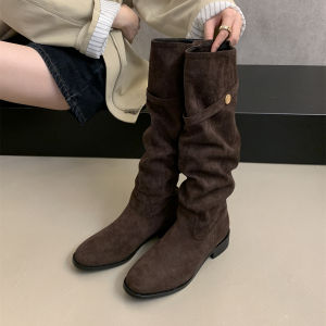 Giày Bốt Cao Gót Đế Dày Đế Cao Nhung Màu Kaki Cho Nữ Giày Bốt Thời Trang Mùa Thu Đông Giày Bốt Cao Đến Đầu Gối