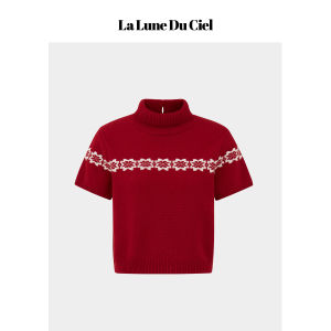 La lune Du ciel | Quần Áo Len Đan Fair Isle Màu Đỏ Tay Ngắn Phong Cách Hàn Quốc